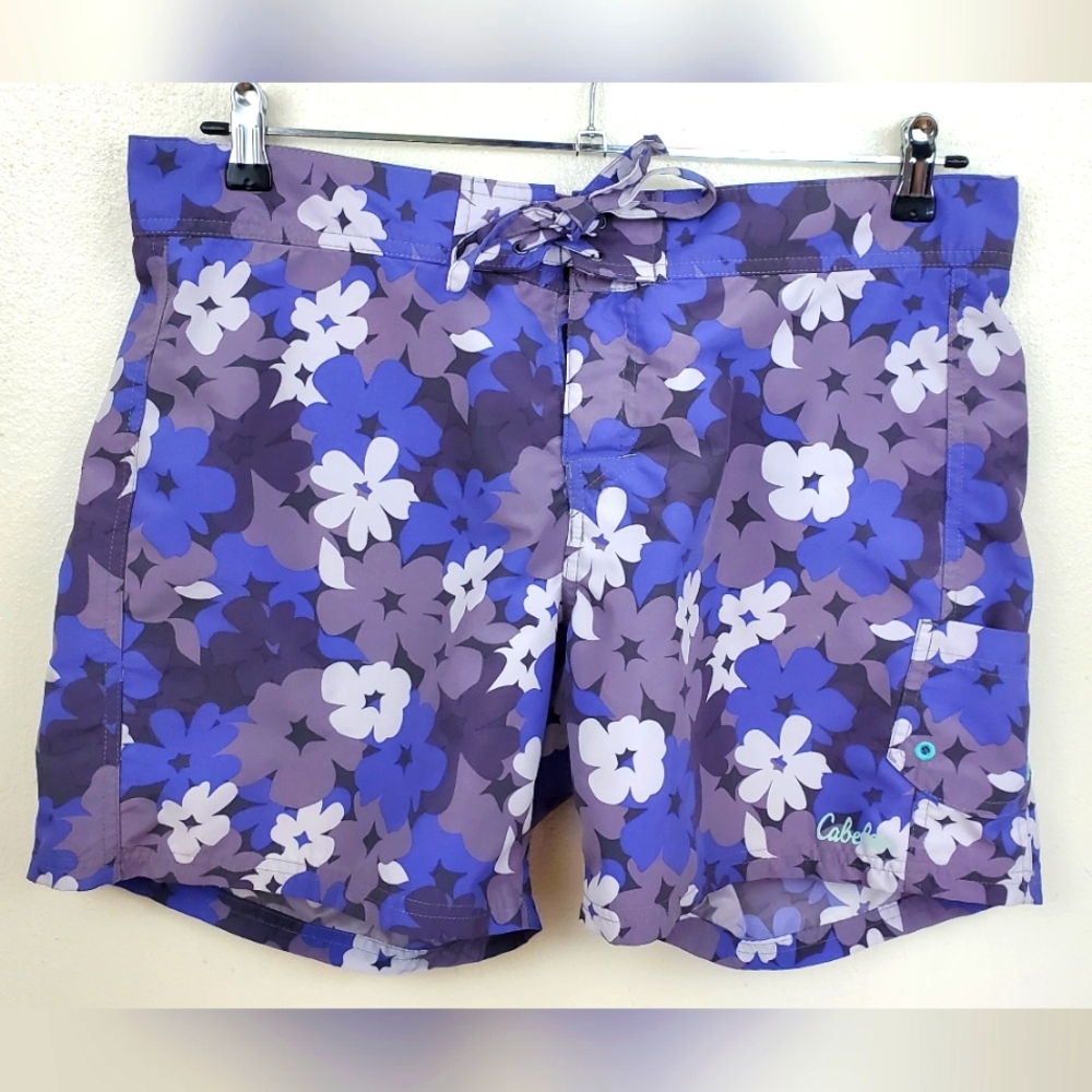 Cabela's Women's Floral Swim Board Shorts L Large Purple Blue Quick Dry Active